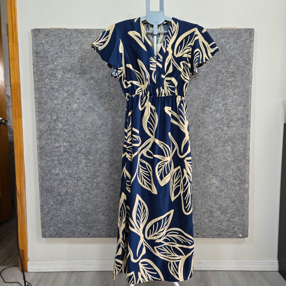 Seven Islands Women Navy Tropical Leaf Flutter Sleeve Maxi Dress M
